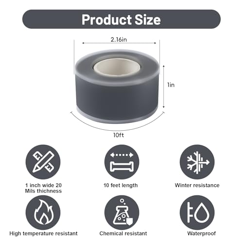 2-Pack Gray Silicone Repair Tape (20 Ft Total) - Self Amalgamating Tape for Duct Work & Hose Leaks - Heat Resistant Rubber Sealing Strip - Residue-Free & Easy-Peel Liner - color: Grey