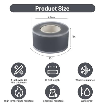2-Pack Gray Silicone Repair Tape (20 Ft Total) - Self Amalgamating Tape for Duct Work & Hose Leaks - Heat Resistant Rubber Sealing Strip - Residue-Free & Easy-Peel Liner - color: Grey