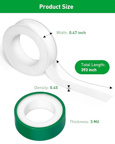 3 Roll Plumbers Tape, Teflon Tape, -374 to 536 Degree F Temperature Range, High Density 0.45g/cm, Water Pipe Sealing Plumbing Tape, Duct Tape, L 390 in x W 0.47 in³. Green - style: Green 0.47 in *3 Roll