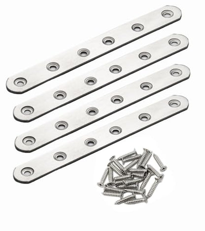 4 Pack Flat Mending Plate for Wood, Stainless Steel Straight Brackets Flat Repair Fixing Wood Brace Joining Plates Connector with Fixing Screws (4, One line shape6in) - size: One Line Shape 6 in