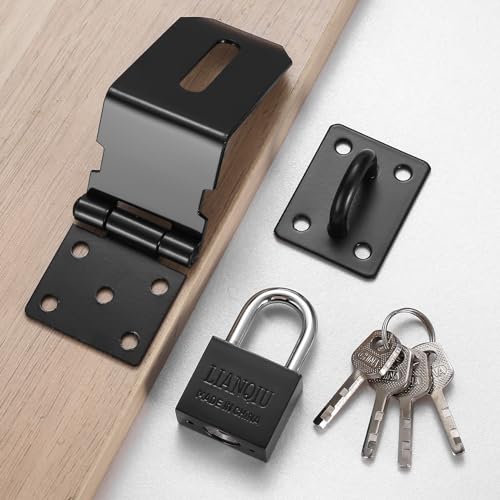 4 Inch 90 Degree Padlock Hasps, Stainless Steel Latch Lock Padlock Hasp with Padlock and Keys Set, Right Angle Safety Door Latches, Gate Lock Hasp Latches for Cabinets, Closets Doors