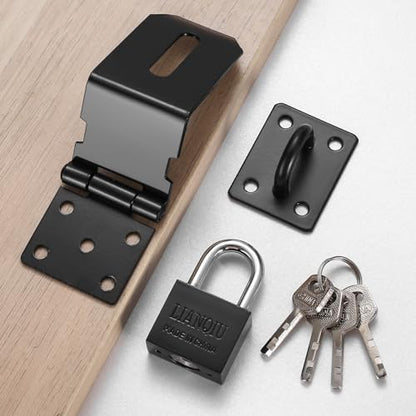 4 Inch 90 Degree Padlock Hasps, Stainless Steel Latch Lock Padlock Hasp with Padlock and Keys Set, Right Angle Safety Door Latches, Gate Lock Hasp Latches for Cabinets, Closets Doors