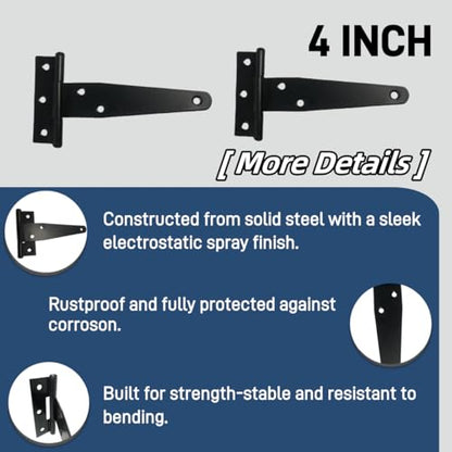 6 Pack 4 Inch Black Hinges T-Strap Hinges for Wood Doors, Steel Black Powder Coated Outdoor shed Door Hinges/barn Door Hinges, gate Hinges for Wooden Fences, Includes Screws (Light Duty) - size: 4IN-6PCS