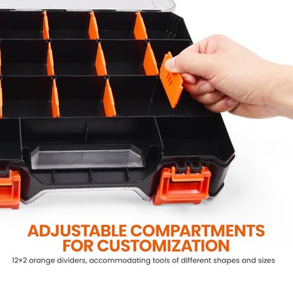 TACTIX 34 Compartments Double-Sided Tool Organizer, Toolbox with 14 Adjustable Dividers & Transparent Lids, Portable Hardware Storage Box for Screws, Nuts, Fishing Accessories (Black/Orange) - style: Double-sided PP Organizer