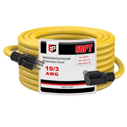 EP 50 Ft 10 Gauge Outdoor Extension Cord with T-Blade Plug, Heavy Duty NEMA 5-20 P/R Power Cord, 20A 250V 10/3 STW Cable for Lawn, Garden, Appliance, Yellow - size: 50ft
