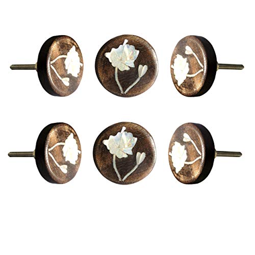 Perilla Home Set of 6 Lily Flower Wooden Knob Decorative Antique Vintage Pull for Drawer Cupboard Cabinet Drawer Dresser Bedroom Bathroom Kitchen Wardrobe Dresser