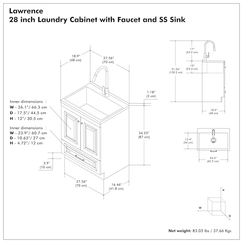 SIMPLIHOME Lawrence All-in-One 28 inch Wide Utility Sink and Laundry Cabinet in Pure White Finish, Transitional Stainless Steel Sink Cabinet for Laundry Rooms with High-Arch Brushed Nickel Faucet - size: 28 inch