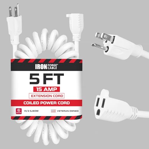 Iron Forge Cable 5 ft White Coiled Extension Cord - 14/3 SJEOW Oil Resistant & Flame Retardant 3 Prong 15 Amp Coiled Power Cord for Indoor or Outdoor Use, Great for Farms & Ranches - color: White, size: 5 ft