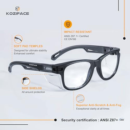 KOZIFACE E52 Anti-Fog Safety Glasses, ANSI Z87.1 Eye Protection with Side Shields, Clear Lens, Lightweight for Work, Lab DIY - color: Black