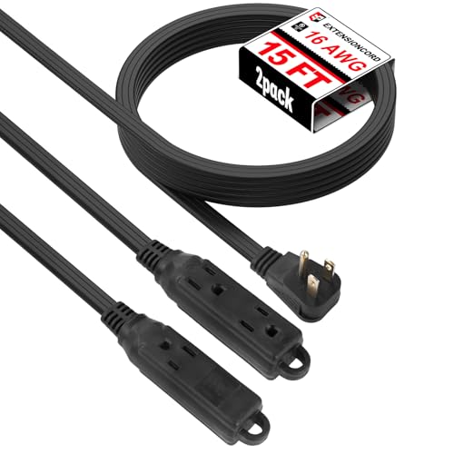 EP 15 Ft 3 Outlet Extension Cord with Flat Plug, 3 Prong Grounded, 16/3 SPT-3 Power Cable for Indoor Use, Black, 2 Pack - color: Black, size: 15 Ft