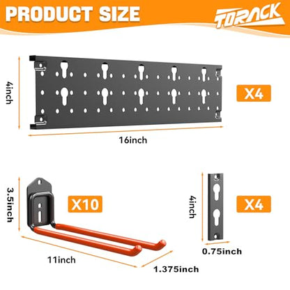 TORACK Garden Tool Organizer Wall Mount, Garage Folding Chair Storage Rack, Tools Rack for Shovels, Rakes, Broom, Ladders, Hooks for Keyhole Style Shelving Unit - style: 4 panels with 10 hooks