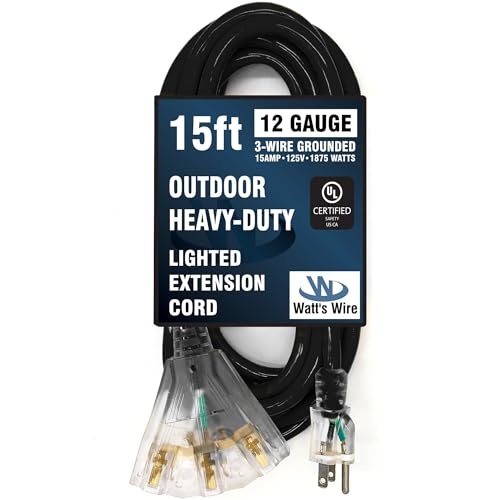 15 ft Outdoor Extension Cord Waterproof - 12 Gauge Heavy Duty Extension Cord 15 ft - Lighted Outdoor Extension Cords with Multiple Outlets - Watts Wire - 15' Grounded - extensiones electricas - size: 15 Ft