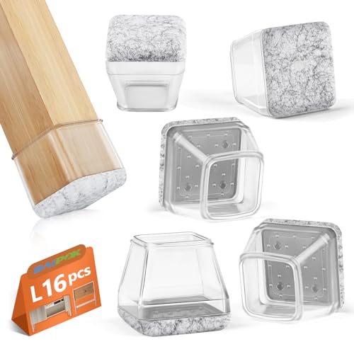16Pcs Square Chair Leg Floor Protectors with Thickened Felt Pads Silicone Chair Leg Covers Caps to Protect Hardwood Tile Floors Furniture Feet Reduce Noise (Clear L Fit 1.14"-1.42") - color: Clear, size: Large