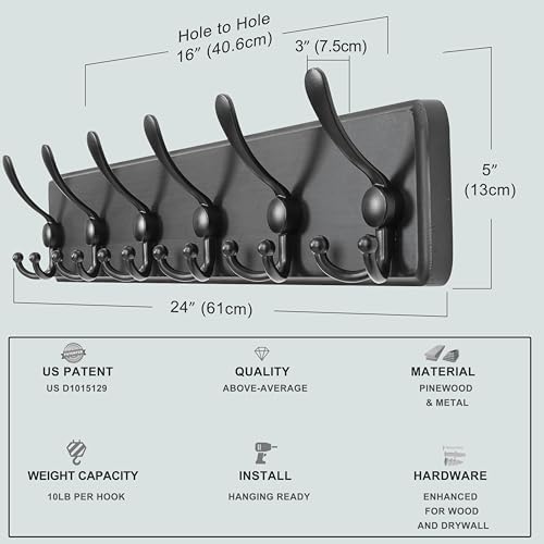 Dseap Coat Rack Wall Mounted - 24" Long 6 Tri Hooks, Heavy Duty Wooden Wall Coat Hanger Coat Hook for Clothes Hat Jacket Clothing, Black, Pack of 2 - color: Black, size: L=24"