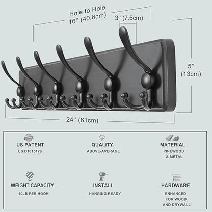 Dseap Coat Rack Wall Mounted - 24" Long 6 Tri Hooks, Heavy Duty Wooden Wall Coat Hanger Coat Hook for Clothes Hat Jacket Clothing, Black, Pack of 2 - color: Black, size: L=24"
