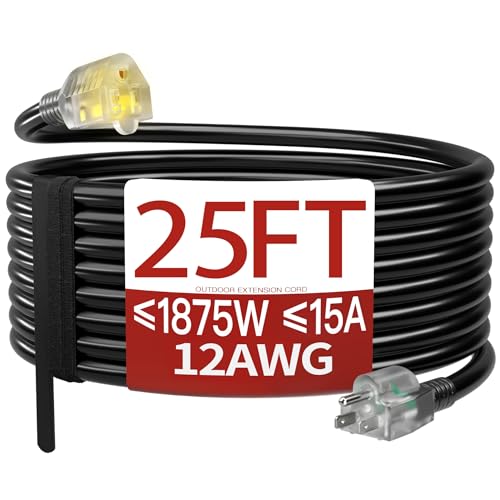25 FT 12 Gauge Extension Cord Outdoor, Heavy Duty Weatherproof & Flame Retardant Black 3 Prong Power Cord with Light, Outside for Lawn & Garden, 15 Amps 1875 Watts 125 VAC 12AWG SJTW, ETL Listed - color: Black, size: 25FT, style: 12AWG