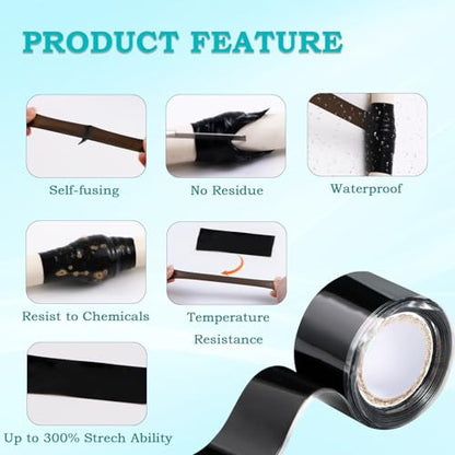 Self Fusing Silicone Tape 1 in x 5' Black Waterproof Rubber Leak Proof Sealing Silicone Rubber Self-amalgamating Tape for Emergency Hot and Cold Water Pipe Repairs and Tool Fixation - size: 1 Roll - 5 ft - Black - 20 mil Thickness