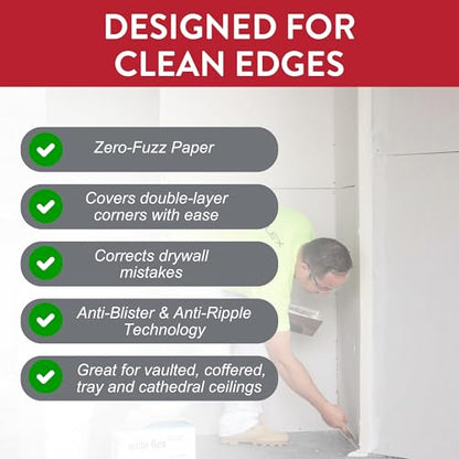 Drywall Tape – Wide-Flex Drywall Repair – Adjustable Mud-On Tape for Inside, Outside & Off-Angle Corners – Pre-Finished 4” Tape for Smooth, Easy Finishing – 100 ft Roll