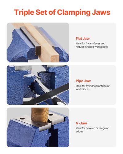 VEVOR Heavy Duty Bench Vise, 6-1/2" Jaw Width, 5" Max Jaw Opening Multi-Purpose Ductile Iron Bench Vise with Anvil, 360° Swivel Base Head, 3" Throat, 5620 lbs Clamp Force, for Pipe Repairing - size: 6.5inch