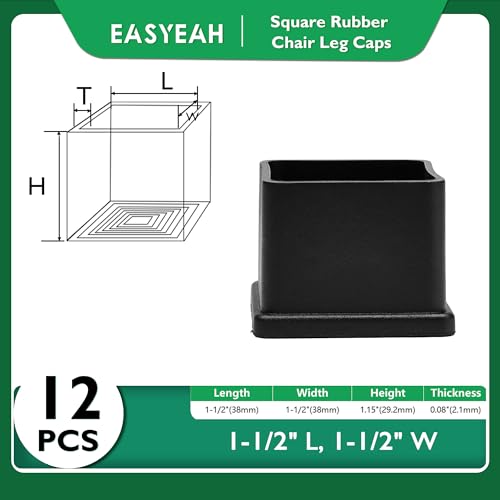 EASYEAH 1-1/2" (38mm) Square Chair Leg Floor Protectors, Black Rubber Chair Leg Caps, Non-Slip Patio Furniture Feet Cap, PVC Chair Feet Covers for Hardwood Floors, Tables & Patio Furniture, 12pcs - size: 1-1/2" x 1-1/2"