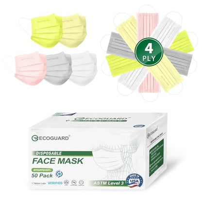 Disposable Face Masks Made in USA, 4 Ply for Families, Students, Breathable All-Day Wear & Safety, FSA HSA Eligible, ASTM Level 3 Medical Grade, 50 Pack, Sunny Mist - color: Sunny Mist, size: 50 Pack, style: Resealable Bag