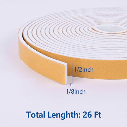 Kikerike Self Adhesive Foam Tape Weatherstrip 1/2in x 1/8in x 26Ft High Density Foam Insulation Strips Seal Weather Stripping with Strong Adhesive for Door and Window Sound Isolation Soundproofing - size: 1/2in x 1/8in x 26Ft
