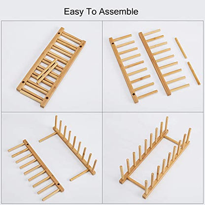 HBlife 4pcs Bamboo Dish Plate Bowl Cup Book Pot Lid Cutting Board Drying Rack Stand Drainer Storage Holder Organizer Kitchen Cabinet (Keep Dry) - color: Bamboo 8 Slots 4pcs