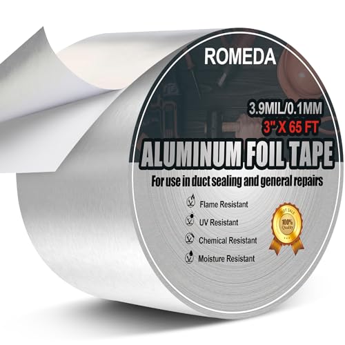 Romeda Aluminum Foil Tape, 3 inch x 65 Feet (3.9 mil), Insulation Adhesive Metal High Temperature Heavy Duty HVAC Tape, Silver for Ductwork, Dryer Vent, HVAC - size: 3 Inch X 65ft
