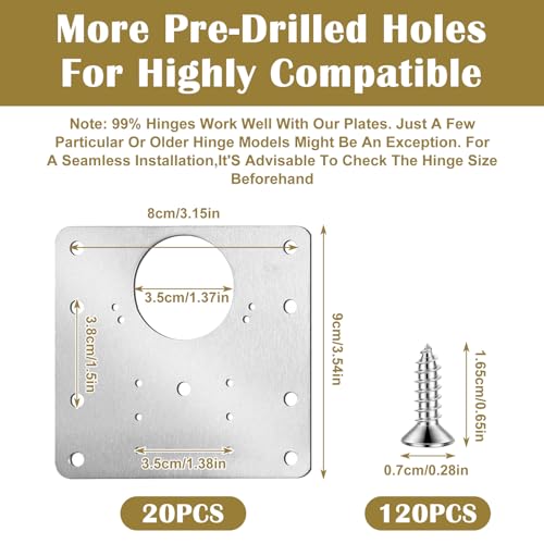 20PCS Upgraded Cabinet Hinge Repair Plate Kit, Durable Door Hinge Mounting Plate Stainless Steel, Large Cabinet Fix Board with Screws for Kitchen Cabinet, Cupboard Doors and Furniture