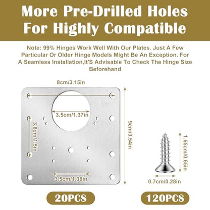 20PCS Upgraded Cabinet Hinge Repair Plate Kit, Durable Door Hinge Mounting Plate Stainless Steel, Large Cabinet Fix Board with Screws for Kitchen Cabinet, Cupboard Doors and Furniture