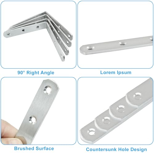 4 Pcs Stainless Steel Corner Brace L Bracket, 4*4*0.8 inch / 100*100*20mm Iron Right Angle Brackets, Metal Joint Right Angle Bracket for Tables, Furniture, Shelves with Screws - size: 4"- 100mm-Silver