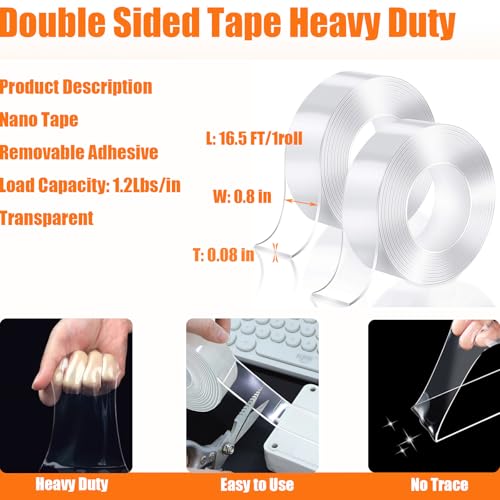 Double Sided Tape Heavy Duty (2 Rolls Total 33 ft), Strong Clear Sticky Tack Mounting Tape, Removable Nano Adhesive Tape for Wall, Home, Office, Picture Hanging, Poster, Rug Fixing Strips - size: 33-ft-roll tape