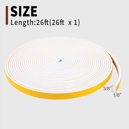 Yotache Weather Stripping Door Seal Strip White 3/8" x1/8", Foam Insulation Tape Gasket for Door Frame and Windows, 26Ft Length - size: 3/8"x1/8"x 26FT