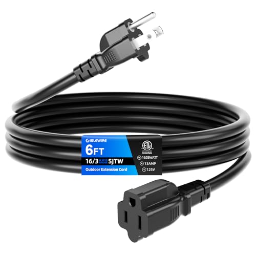 6 FT Outdoor Extension Cord Waterproof, Black, 3-Prong Power Cord, 16 AWG SJTW, 13A 1625W, Grounded, General Purpose Long Extension Cord for Lawn & Garden, ETL Listed - size: 6FT