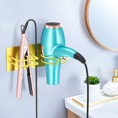 Hair Dryer and Straightener Holder Wall Mounted, Self Adhesive Blow Dryer and Flat Iron Storage Hair Tool Organizer for Bathroom Vanity (Gold) - color: Gold