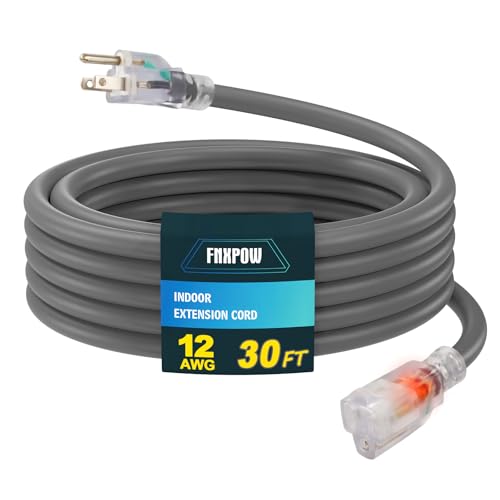 Indoor Outdoor Extension Cord, 12 Gauge 3 Prong Weatherproof Heavy Duty Gray Extension Cord with Lighted Indicator End，SJTW 15A 30FT Extension Cable for Garage, Garden and Home, UL Listed - color: Grey, size: 30FT