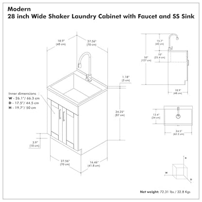 SIMPLIHOME Modern Wide Shaker All-in-One 28 inch Wide Utility Sink and Laundry Cabinet in Pure White Finish, Transitional Stainless Steel Sink Cabinet for Laundry Rooms with High-Arch Chrome Faucet - color: White, size: 28 Inch