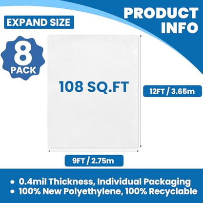 8 Pack Plastic Drop Cloth, 9 x 12 Feet Plastic Sheeting, Painter's Sheeting & Tarps for Painting, Dustproof Painters Plastic Tarp for Furniture Cover - color: 8p
