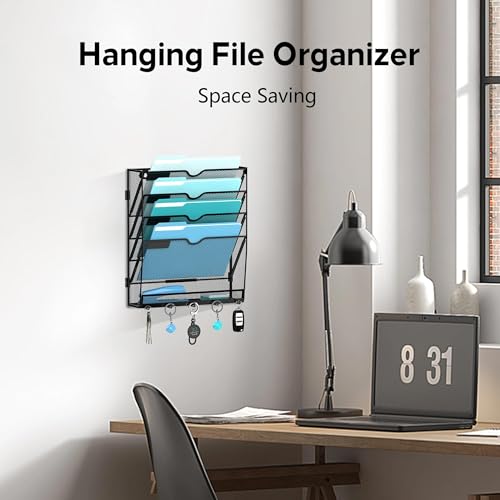5 Tier Wall File Organizer - Hanging File Organizer with 5 Hooks, Mail Holder Wall Mounted for Papers, Folders, Magazines, Bills, Office&School Organization, Black - size: 5 Tier-Black
