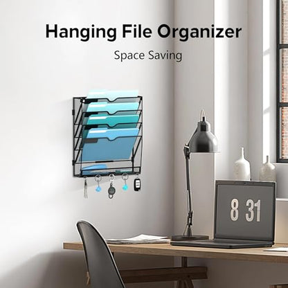 5 Tier Wall File Organizer - Hanging File Organizer with 5 Hooks, Mail Holder Wall Mounted for Papers, Folders, Magazines, Bills, Office&School Organization, Black - size: 5 Tier-Black