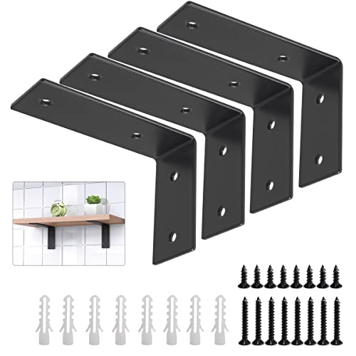 YUMORE L Brackets Heavy Duty, 5x3x1.8 Inch Stainless Steel Shelf Brackets Wall Mounted for Floating Shelves Industrial Farmhouse, Includes Hardware, Rustic Black, Pack of 4 - color: Black, size: 5"x3"x1.8"