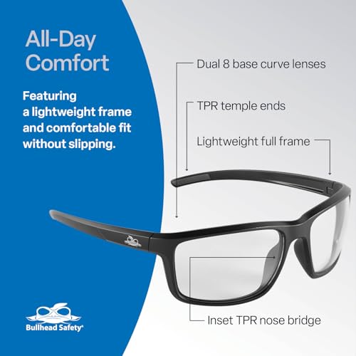 Bullhead Safety Eyewear Pompano Glasses - Anti-Fog, Lightweight, Impact/Scratch Resistant, UV Blocking Sunglasses for Cycling, Fishing, Driving, Clear/Matte Black - color: Clear Lens, Matte Black Frame, style: Anti-fog