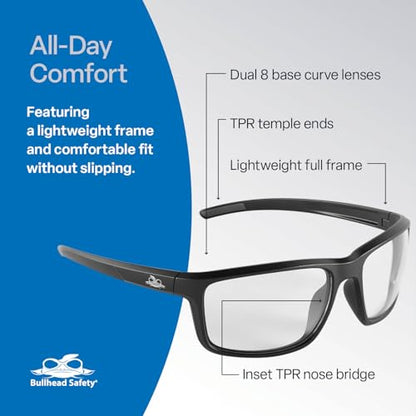 Bullhead Safety Eyewear Pompano Glasses - Anti-Fog, Lightweight, Impact/Scratch Resistant, UV Blocking Sunglasses for Cycling, Fishing, Driving, Clear/Matte Black - color: Clear Lens, Matte Black Frame, style: Anti-fog
