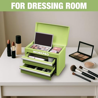 WORKPRO Metal Mini Tool Box, Top Tool Chest containing Two Drawers with Ball Bearing Slides, PVC Drawer Liners and PP Feet Pads, Durable Cold Rolled Steel Small Toolbox for Multi-Purpose Storage - color: Macaron Green