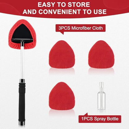 JUSTTOP Windshield Cleaner Tool, Car Interior&Exterior Window Cleaning Tool with Extendable Handle & 4 Reusable Microfiber Pads, Auto Glass Wiper Brush Kit for Cars (Red) - color: Red