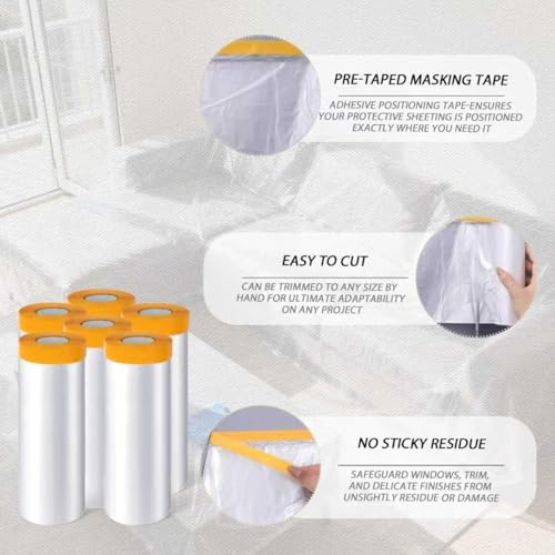 6 Rolls 5 X 65.6 Feet Pre-Taped Masking Film, Tape and Drape Drop Cloth, Plastic Sheeting Drop Cloth for Painting, Automotive Covering and Appliance Protection (5 X 65.6 Feet) - size: 5 X 65.6 Feet