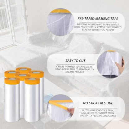 6 Rolls 5 X 65.6 Feet Pre-Taped Masking Film, Tape and Drape Drop Cloth, Plastic Sheeting Drop Cloth for Painting, Automotive Covering and Appliance Protection (5 X 65.6 Feet) - size: 5 X 65.6 Feet