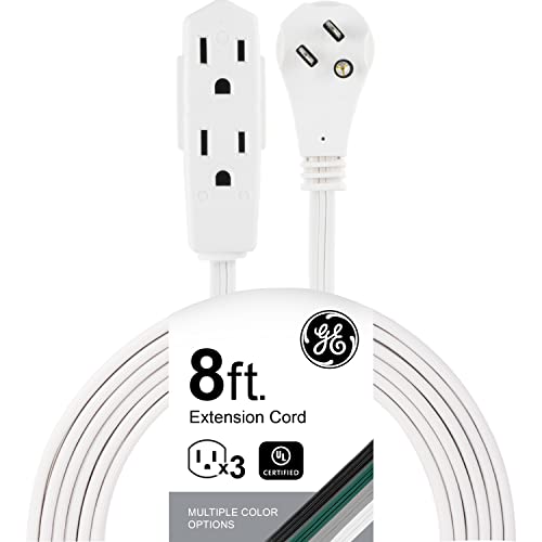 GE 3-Outlet Flat Extension Cord 8 Ft Grounded Extension Cord with Multiple Outlets 3 Prong Outlet Extender Flat Plug Indoor Power Strip 16 Gauge UL Listed White 50251 - color: White, size: 8 Ft