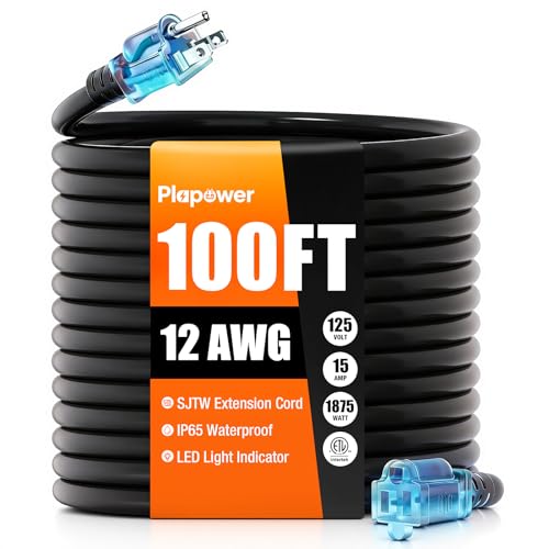 Outdoor Extension Cord 100 FT Waterproof, 12/3 Gauge Heavy Duty 3 Prong Power Cord with Lighted Indicator End, 15A 125V 1875W SJTW, ETL Listed, Great for Lawn/Garden/Home(Black) - color: Black, size: 100 FT