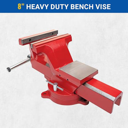 Yost Vises ADI-8 Heavy Duty Vise | 130,000 PSI Tensile Strength Austempered Ductile Iron Bench Vise | 8 Inch Jaw Width with a 360 Degrees Interlocking Swivel Base and 2 Lockdowns | Red - size: 8 inches